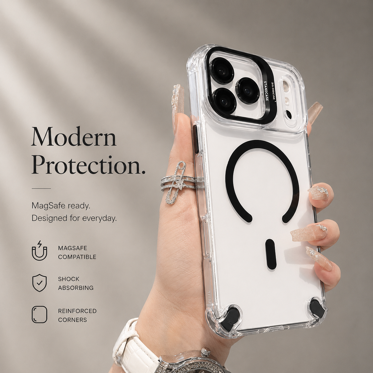 Premium iPhone Case Transparent Magnetic Shockproof Cover Glass Lens Protector Stand Holder Full Coverage Protective Case