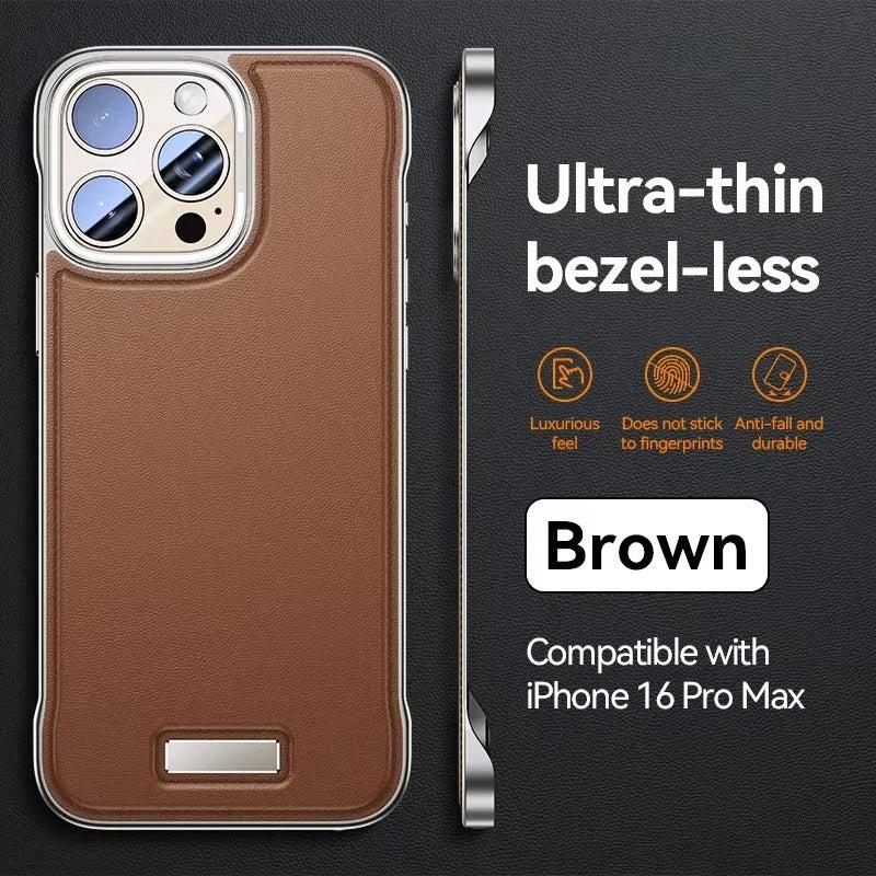 Premium iPhone Case Ultra Thin Borderless PU Leather Magnetic Shockproof Cover with Metal Lens Frame Non Slip Matte Protective Design