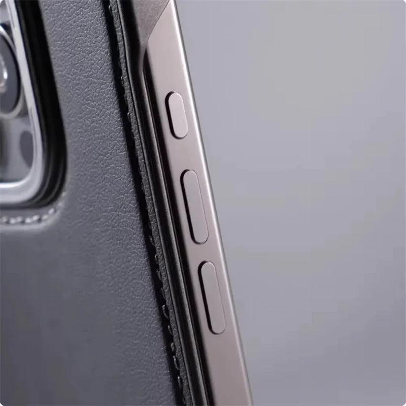 Premium iPhone Case Ultra Thin Borderless PU Leather Magnetic Shockproof Cover with Metal Lens Frame Non Slip Matte Protective Design