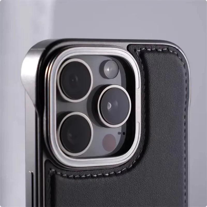 Premium iPhone Case Ultra Thin Borderless PU Leather Magnetic Shockproof Cover with Metal Lens Frame Non Slip Matte Protective Design