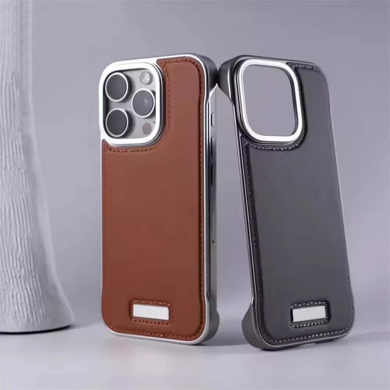 Premium iPhone Case Ultra Thin Borderless PU Leather Magnetic Shockproof Cover with Metal Lens Frame Non Slip Matte Protective Design