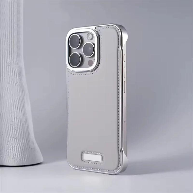 Premium iPhone Case Ultra Thin Borderless PU Leather Magnetic Shockproof Cover with Metal Lens Frame Non Slip Matte Protective Design