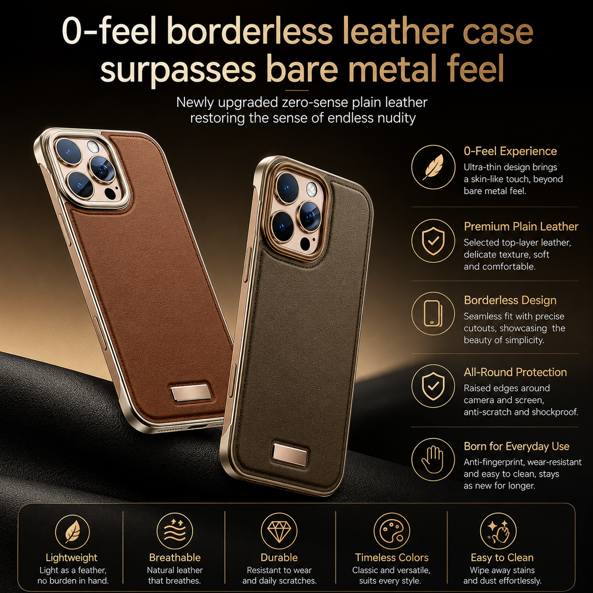Premium iPhone Case Ultra Thin Borderless PU Leather Magnetic Shockproof Cover with Metal Lens Frame Non Slip Matte Protective Design
