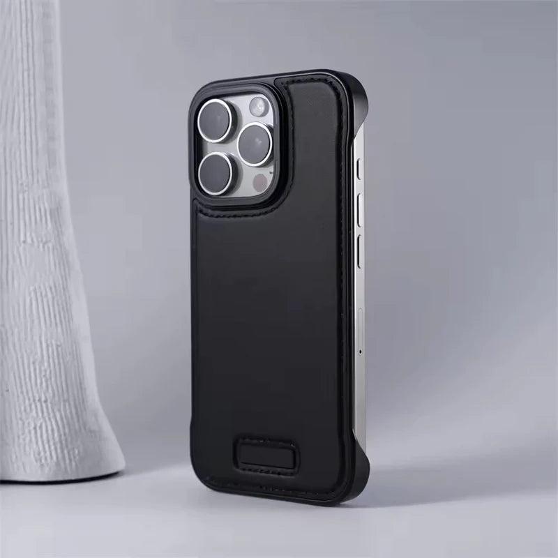 Premium iPhone Case Ultra Thin Borderless PU Leather Magnetic Shockproof Cover with Metal Lens Frame Non Slip Matte Protective Design