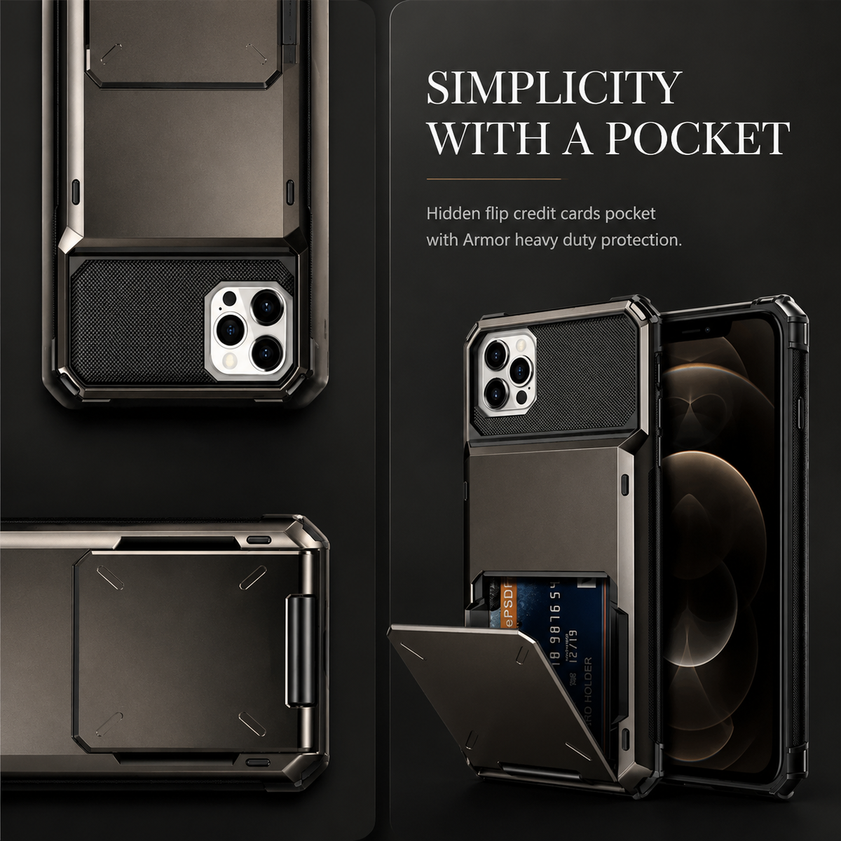 Premium iPhone Case Wallet Card Holder Hidden Flip Door 5 Card Slot Shockproof Protective Cover Scratch Resistant Dual Layer Full Coverage