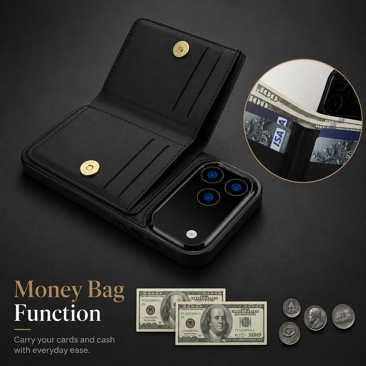 Premium iPhone Case Wallet Cover Card Holder 360 Rotating Ring Kickstand Magnetic Clasp Shockproof Full Coverage