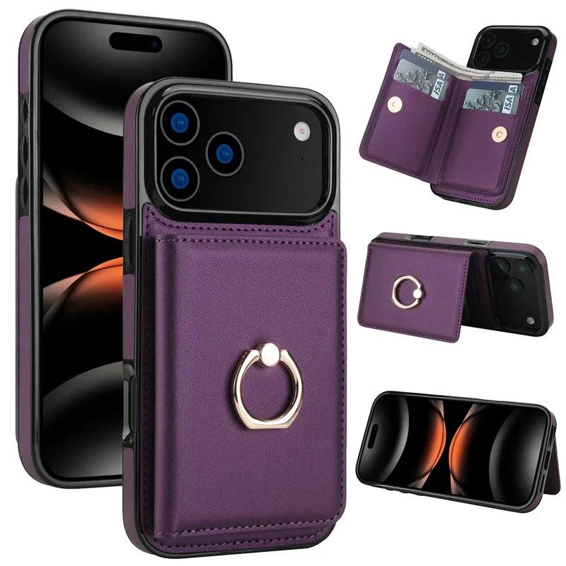 Premium iPhone Case Wallet Cover Card Holder 360 Rotating Ring Kickstand Magnetic Clasp Shockproof Full Coverage