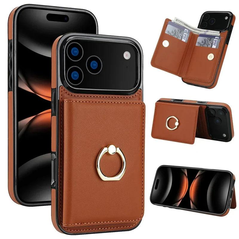 Premium iPhone Case Wallet Cover Card Holder 360 Rotating Ring Kickstand Magnetic Clasp Shockproof Full Coverage