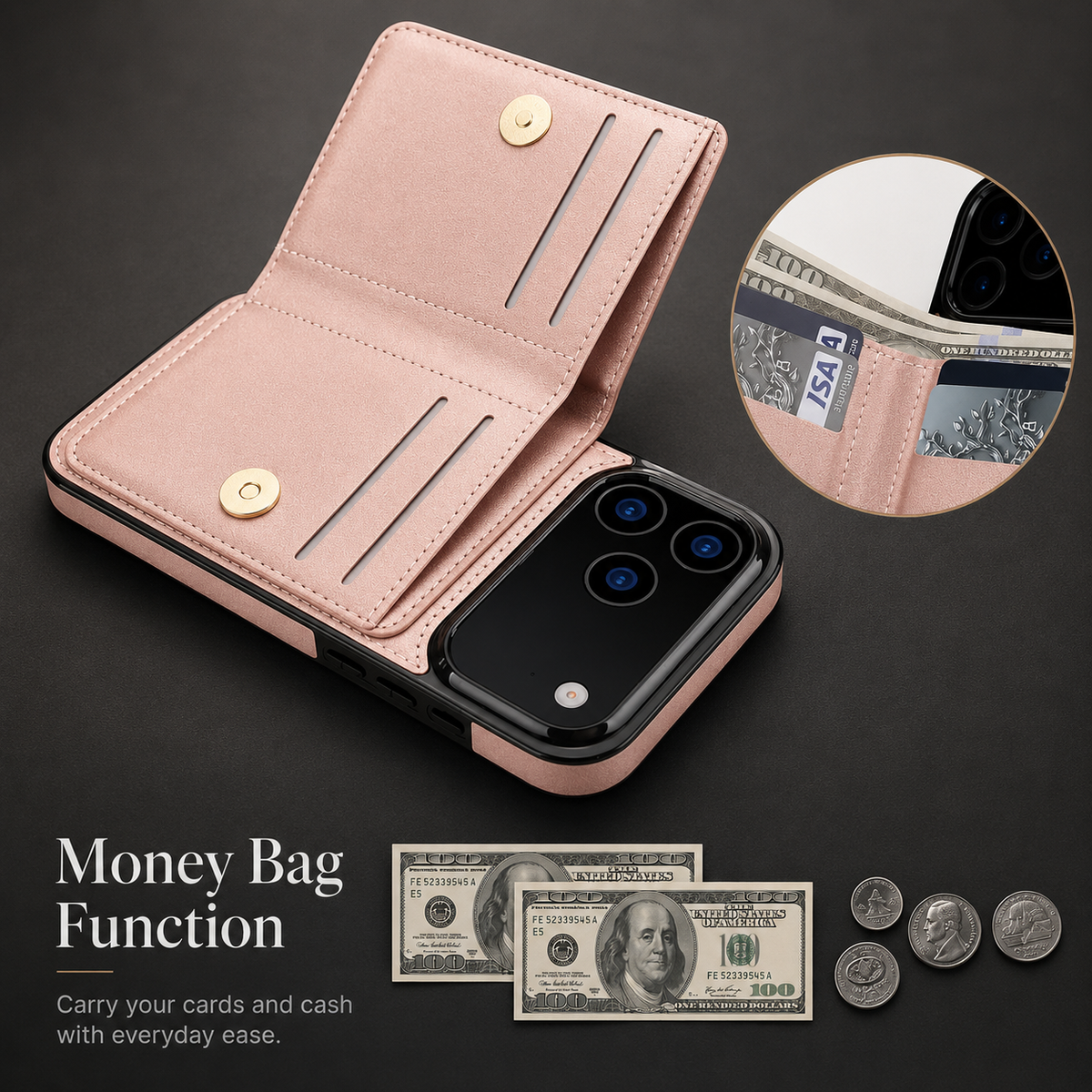 Premium iPhone Case Wallet Cover Card Holder 360 Rotating Ring Kickstand Magnetic Clasp Shockproof Full Coverage