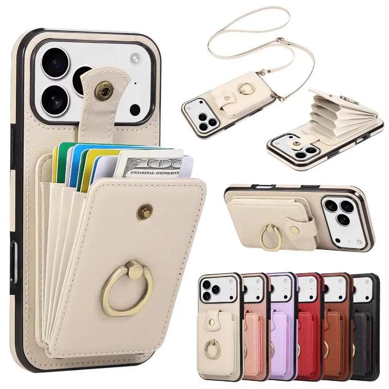 Premium iPhone Case Wallet Cover Card Holder 360 Rotating Ring Kickstand RFID Blocking PU Leather Full Protection