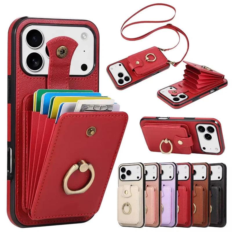 Premium iPhone Case Wallet Cover Card Holder 360 Rotating Ring Kickstand RFID Blocking PU Leather Full Protection