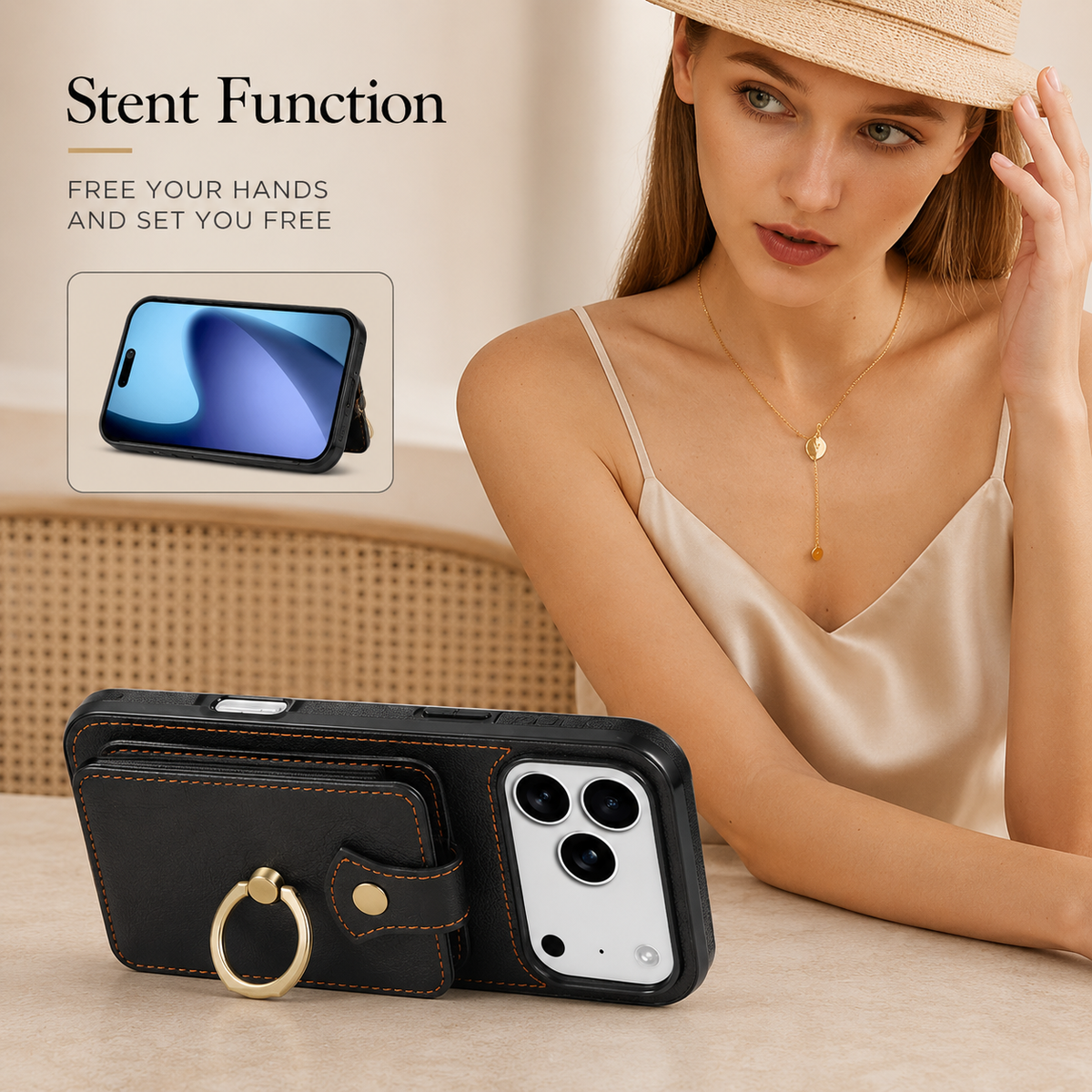 Premium iPhone Case Wallet Cover Card Holder 360 Rotating Ring Kickstand RFID Blocking PU Leather Full Protection