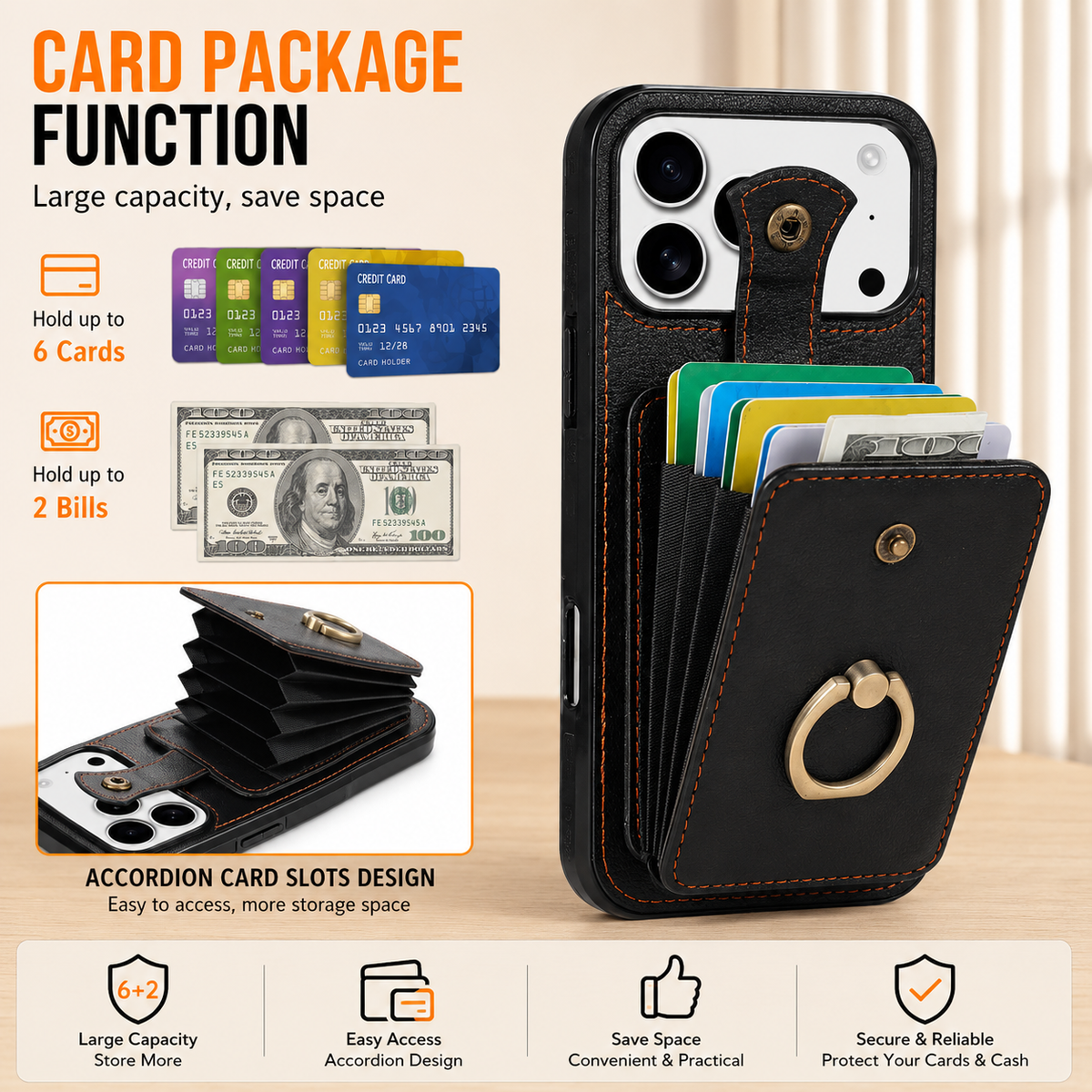 Premium iPhone Case Wallet Cover Card Holder 360 Rotating Ring Kickstand RFID Blocking PU Leather Full Protection