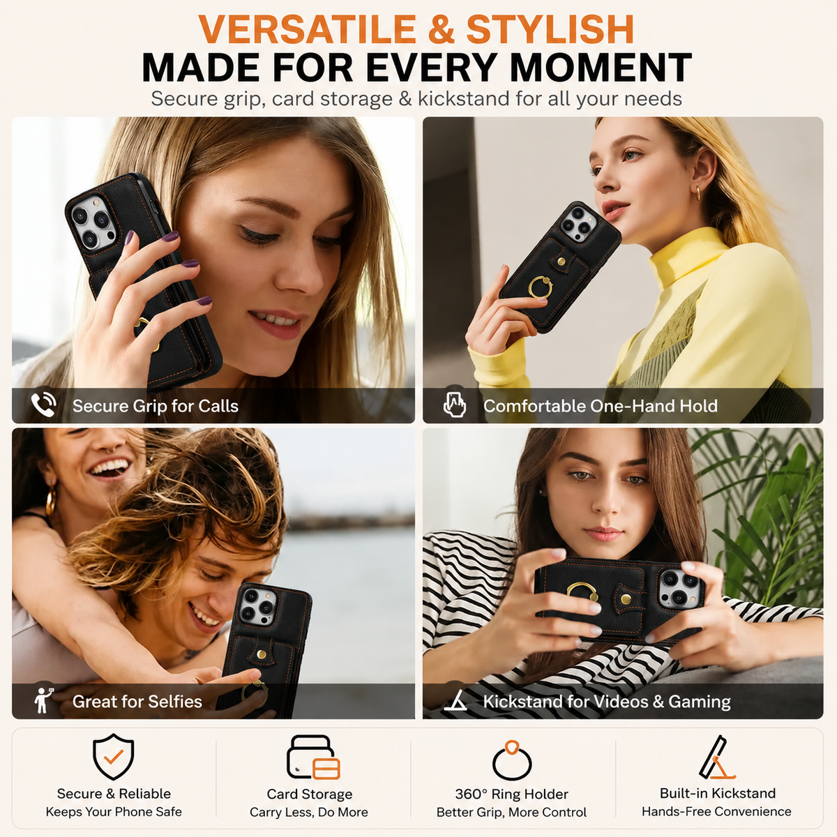 Premium iPhone Case Wallet Cover Card Holder 360 Rotating Ring Kickstand RFID Blocking PU Leather Full Protection