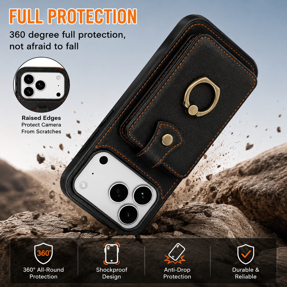 Premium iPhone Case Wallet Cover Card Holder 360 Rotating Ring Kickstand RFID Blocking PU Leather Full Protection