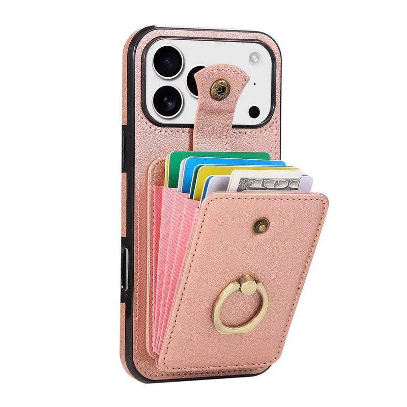 Premium iPhone Case Wallet Cover Card Holder 360 Rotating Ring Kickstand RFID Blocking PU Leather Full Protection