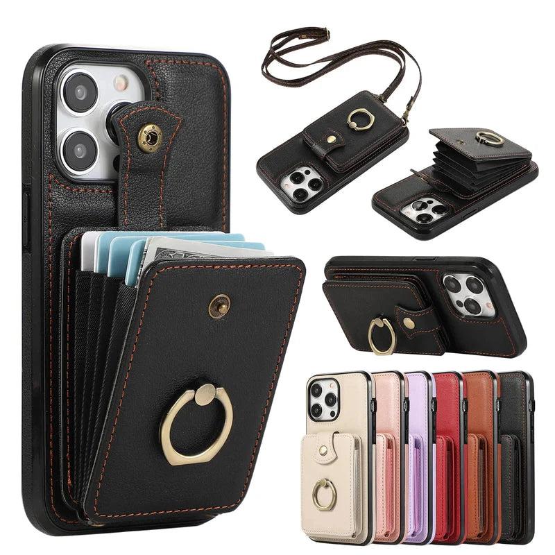 Premium iPhone Case Wallet Cover Card Holder 360 Rotating Ring Kickstand RFID Blocking PU Leather Full Protection