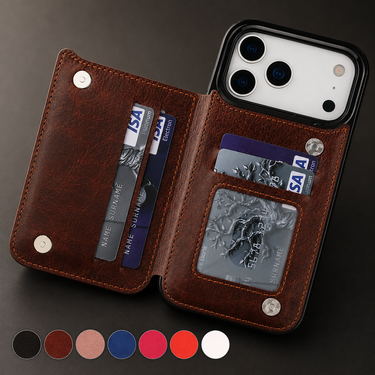 Premium iPhone Case Wallet Cover Card Holder Faux Leather Kickstand Double Magnetic Clasp Shockproof Protection