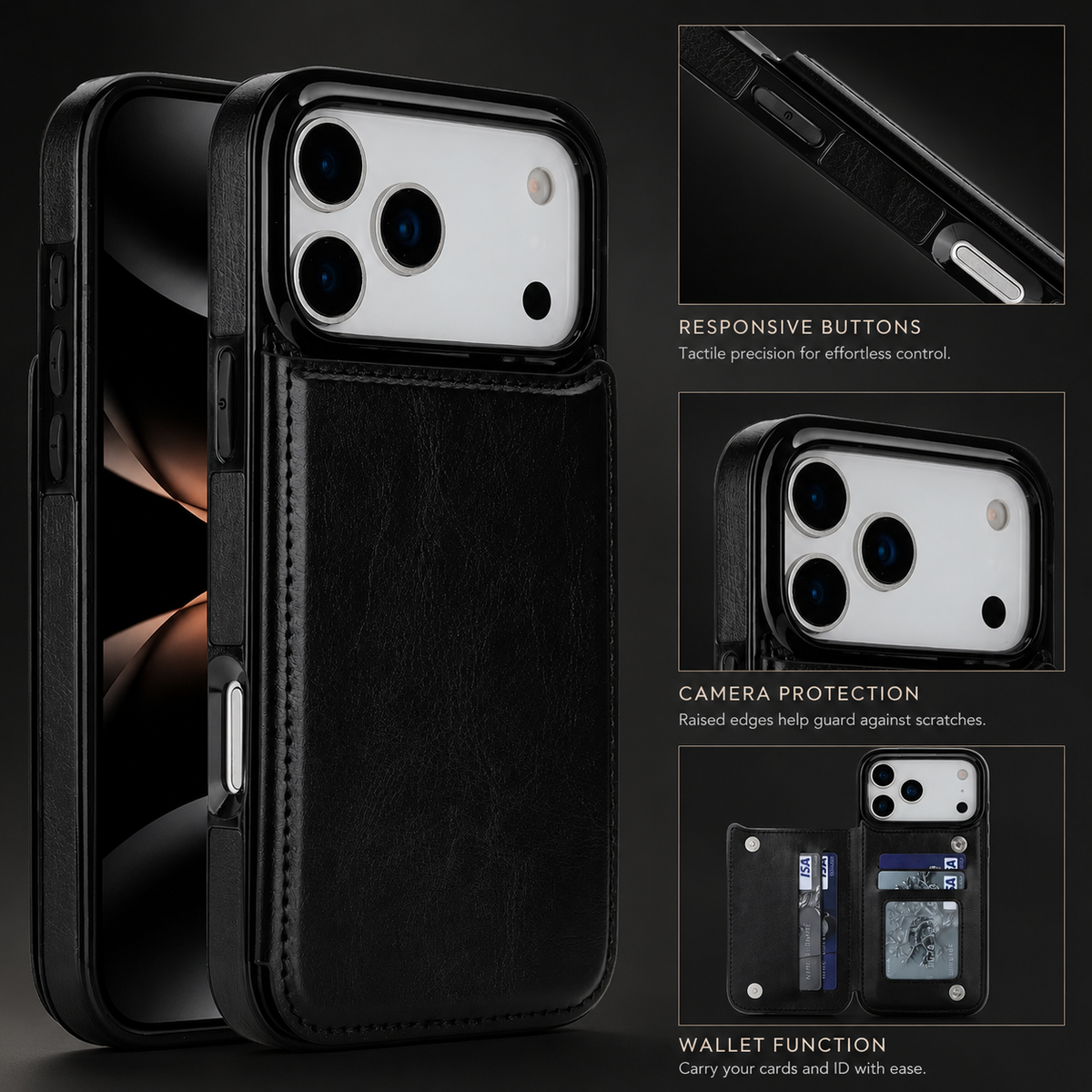 Premium iPhone Case Wallet Cover Card Holder Faux Leather Kickstand Double Magnetic Clasp Shockproof Protection