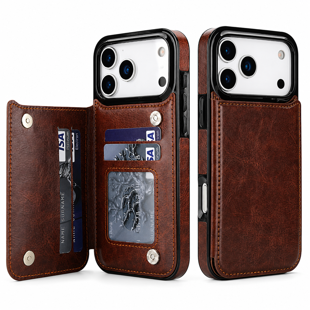 Premium iPhone Case Wallet Cover Card Holder Faux Leather Kickstand Double Magnetic Clasp Shockproof Protection