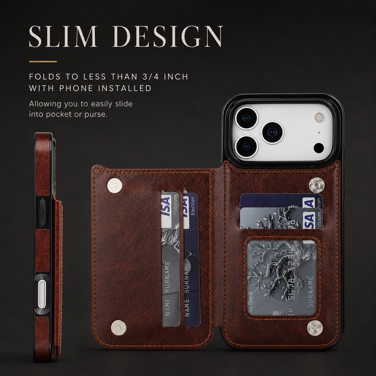 Premium iPhone Case Wallet Cover Card Holder Faux Leather Kickstand Double Magnetic Clasp Shockproof Protection