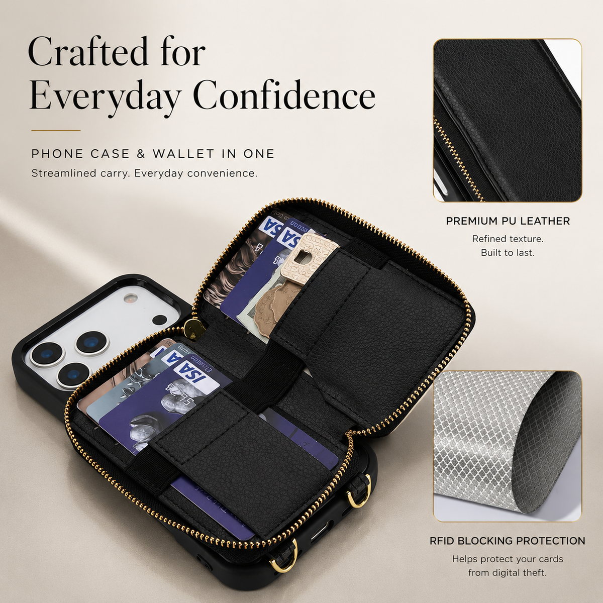 Premium iPhone Case Wallet MagSafe Compatible Crossbody Leather Flip Cover RFID Zipper Protection