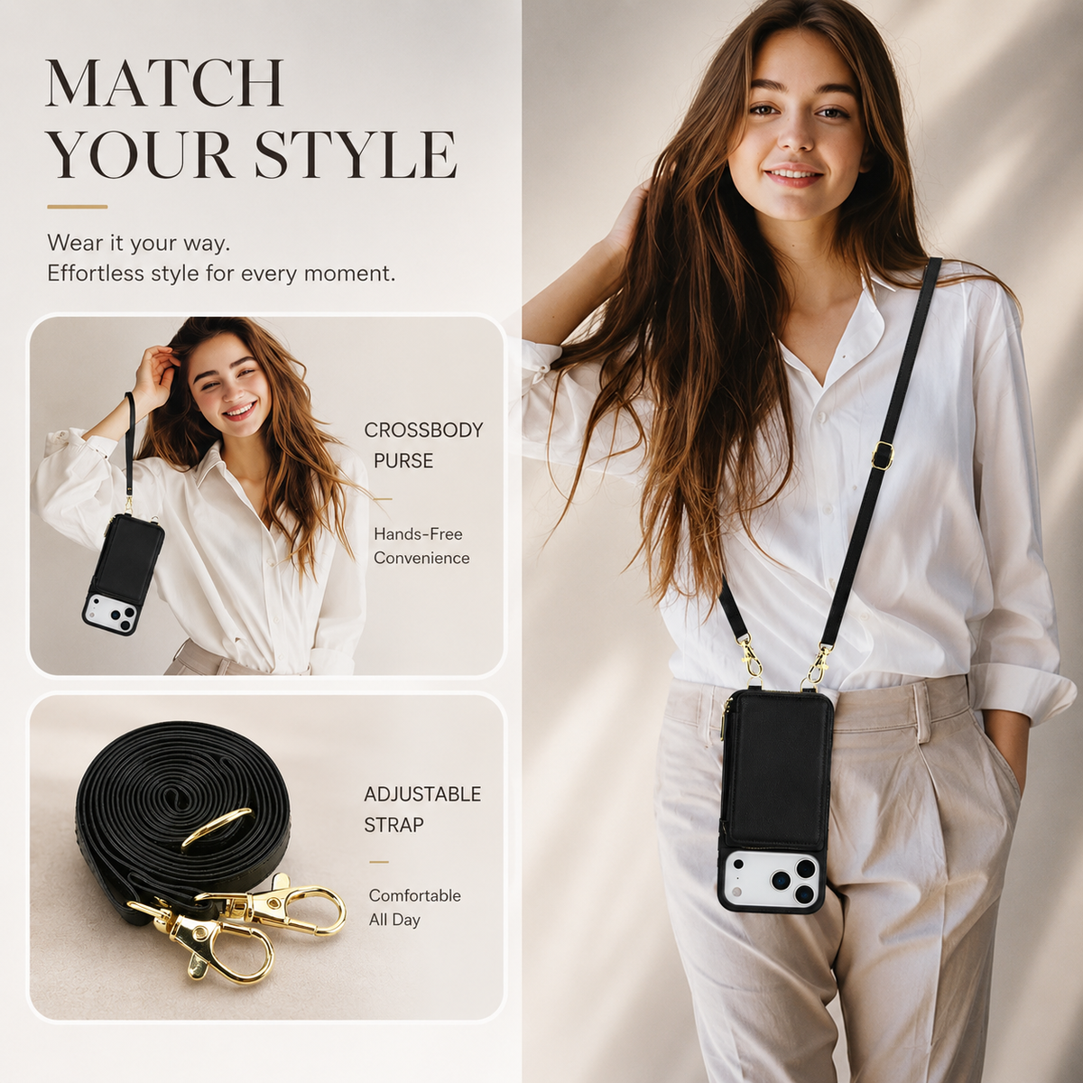 Premium iPhone Case Wallet MagSafe Compatible Crossbody Leather Flip Cover RFID Zipper Protection