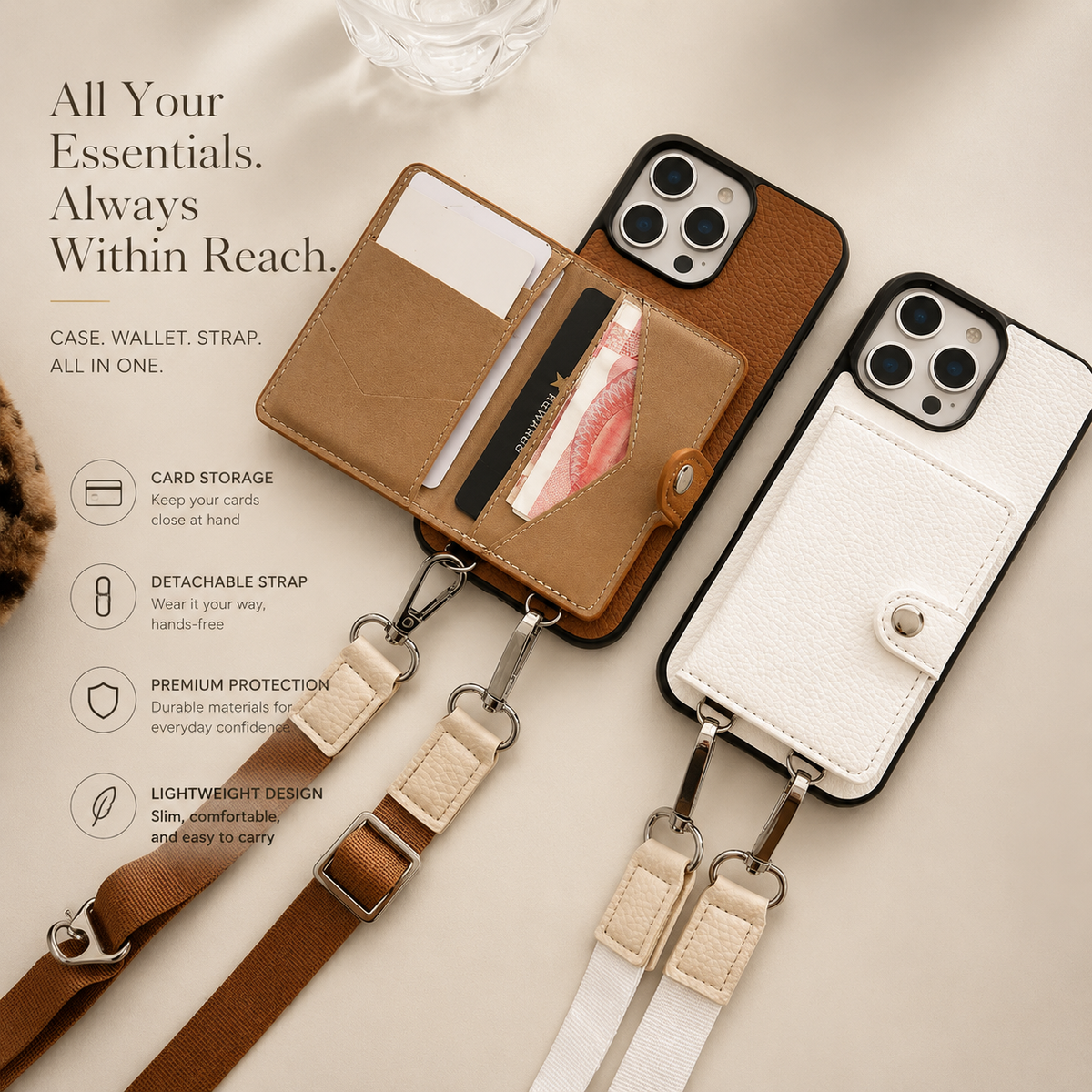 Premium iPhone Case Wallet MagSafe Compatible Crossbody PU Leather Cover Card Slots Zipper Coin Purse Shockproof Protection