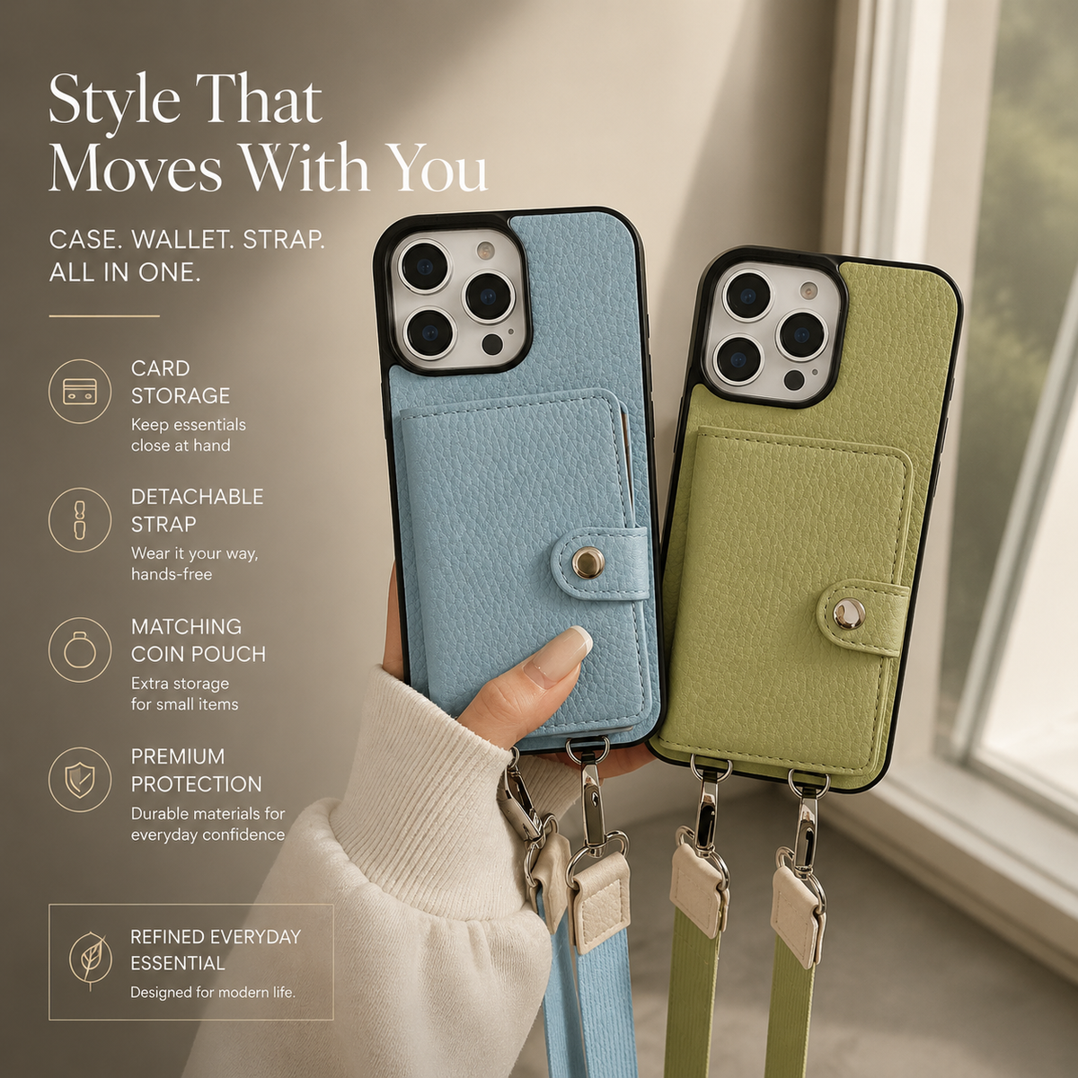Premium iPhone Case Wallet MagSafe Compatible Crossbody PU Leather Cover Card Slots Zipper Coin Purse Shockproof Protection