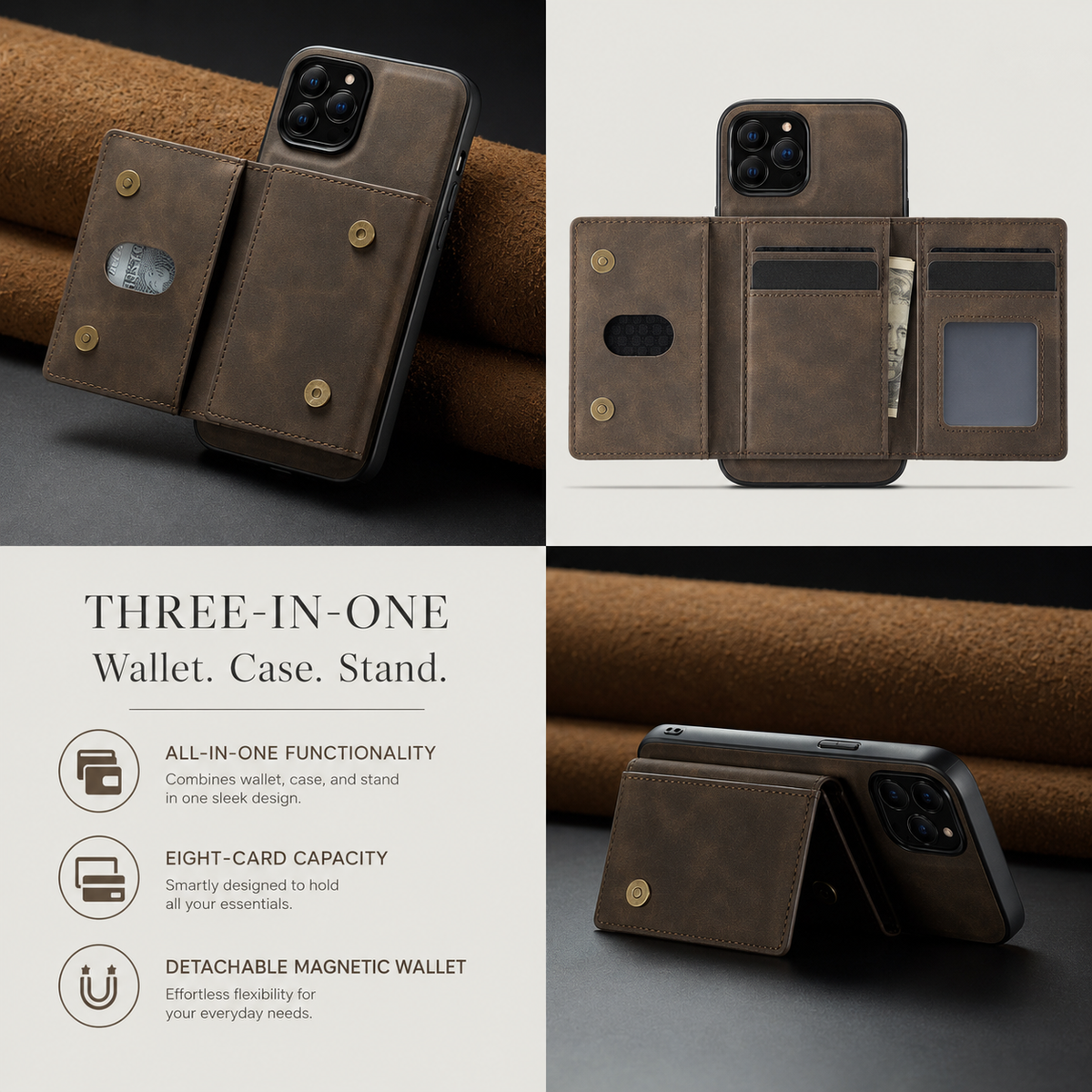 Premium iPhone Case Wallet MagSafe Compatible Detachable Leather Flip Cover Card Holder Protection
