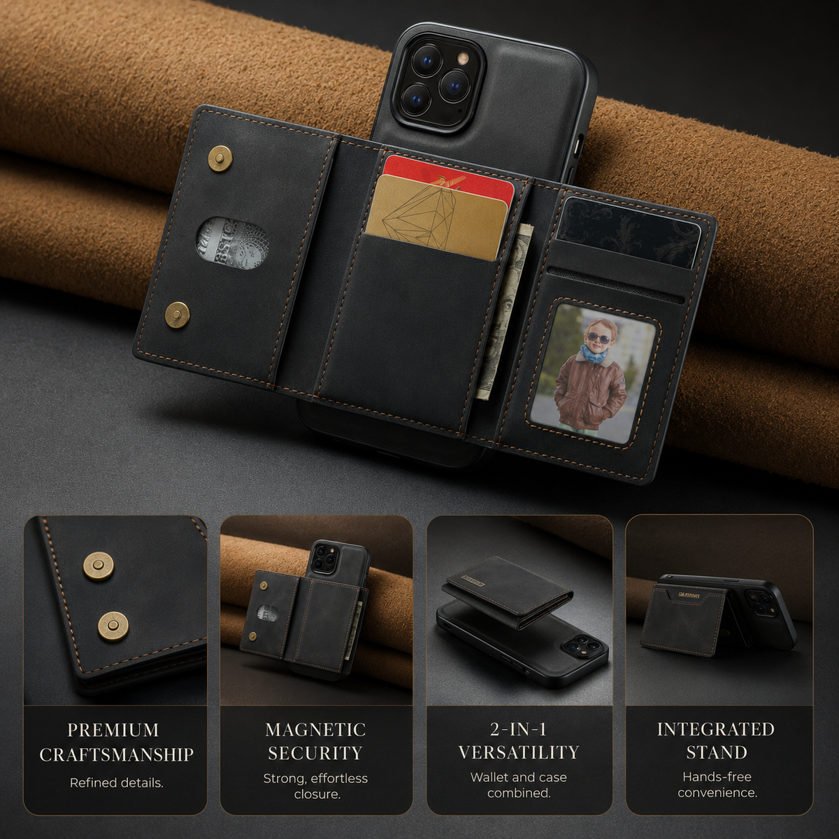 Premium iPhone Case Wallet MagSafe Compatible Detachable Leather Flip Cover Card Holder Protection