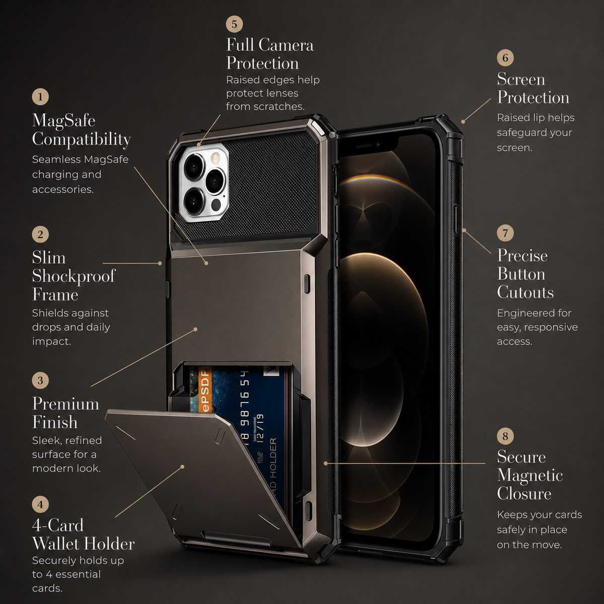 Premium iPhone Case Wallet MagSafe Compatible Magnetic Shockproof Protective Cover 4 Card Holder Camera Lens Protection Slim Design