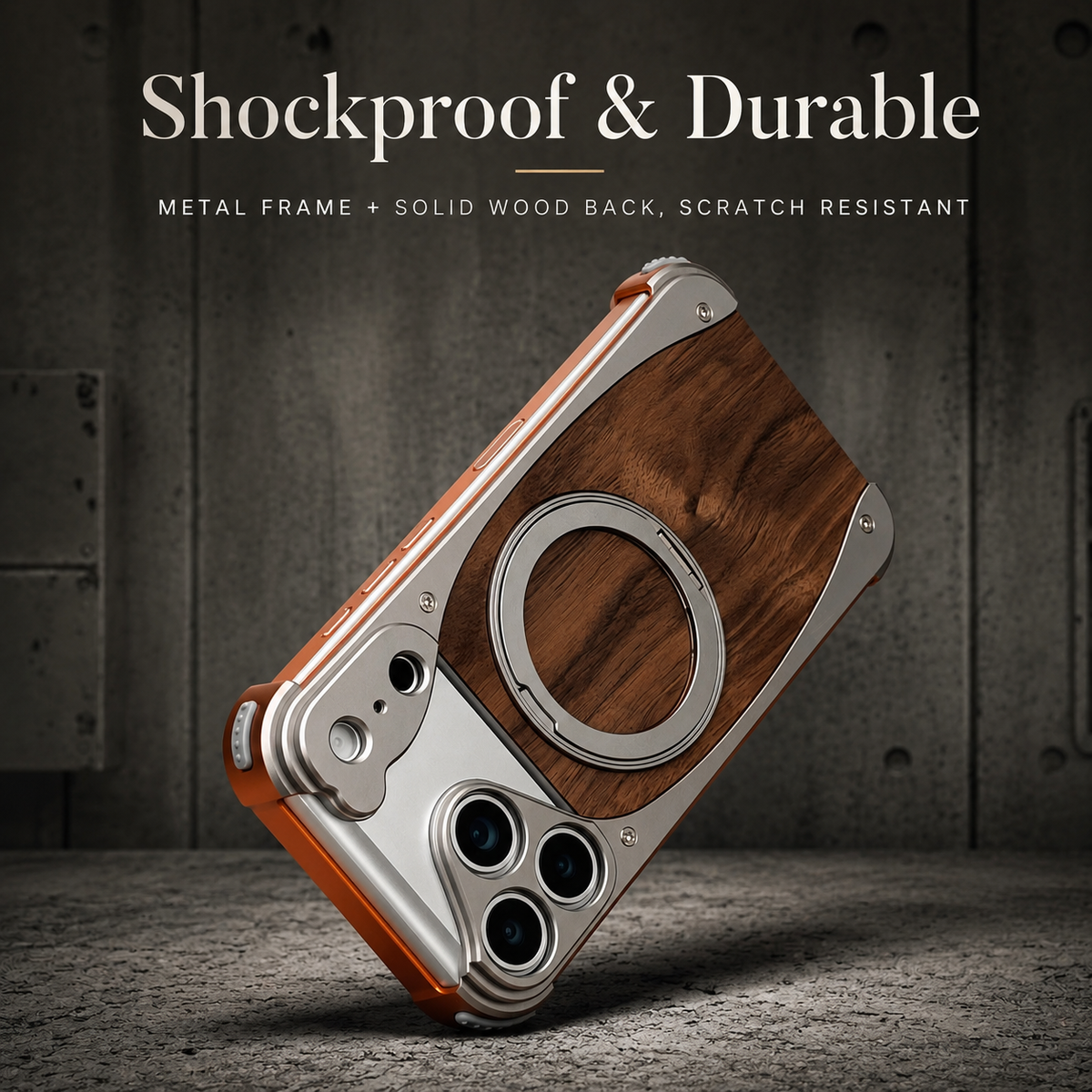 Premium iPhone Case Walnut Wood Metal Frame Cover MagSafe Compatible Rotating Ring Stand Shockproof Luxury Protective Case