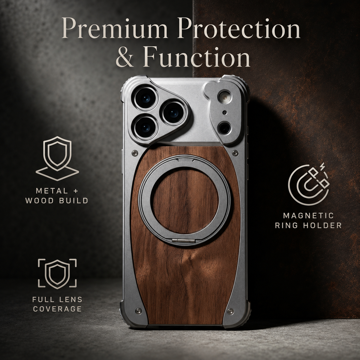 Premium iPhone Case Walnut Wood Metal Frame Cover MagSafe Compatible Rotating Ring Stand Shockproof Luxury Protective Case