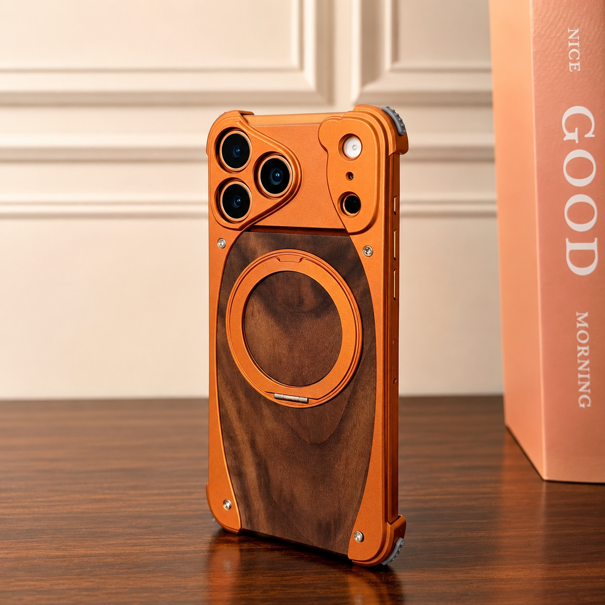 Premium iPhone Case Walnut Wood Metal Frame Cover MagSafe Compatible Rotating Ring Stand Shockproof Luxury Protective Case