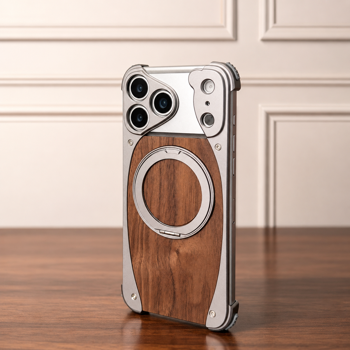 Premium iPhone Case Walnut Wood Metal Frame Cover MagSafe Compatible Rotating Ring Stand Shockproof Luxury Protective Case