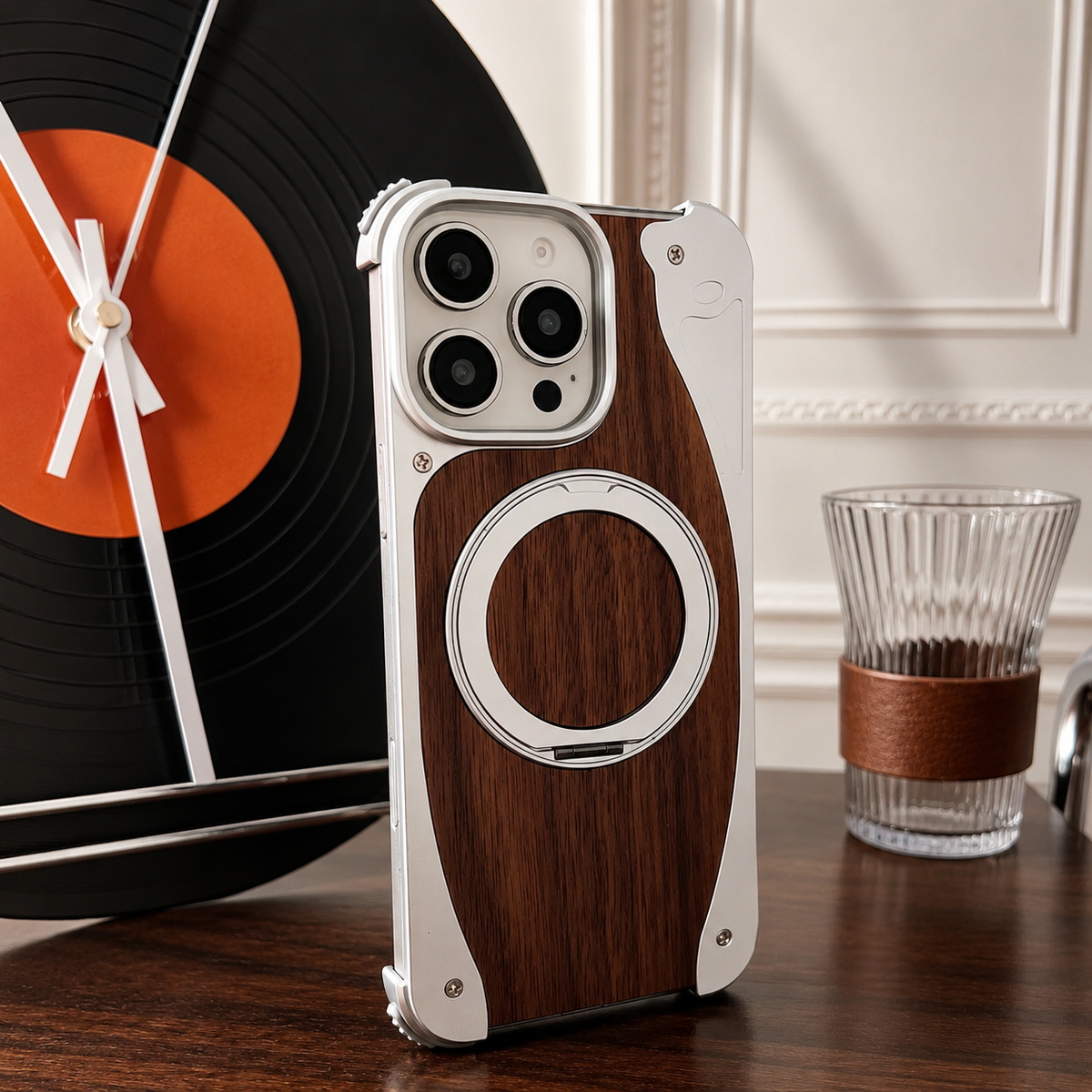 Premium iPhone Case Walnut Wood Metal Frame Cover MagSafe Compatible Rotating Ring Stand Shockproof Luxury Protective Case