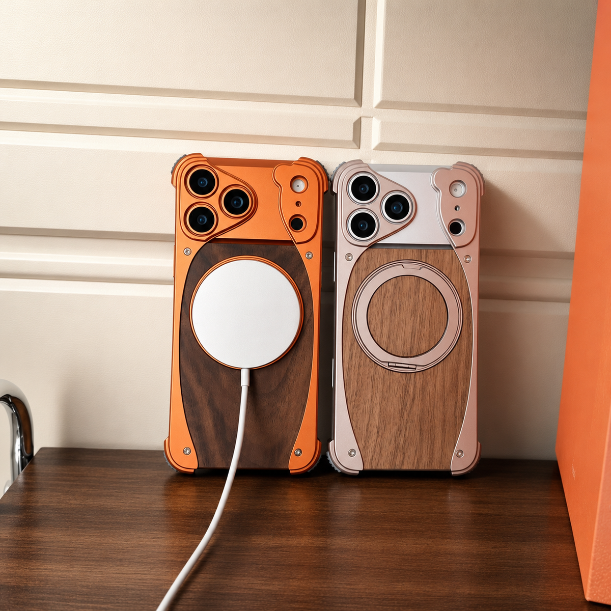 Premium iPhone Case Walnut Wood Metal Frame Cover MagSafe Compatible Rotating Ring Stand Shockproof Luxury Protective Case