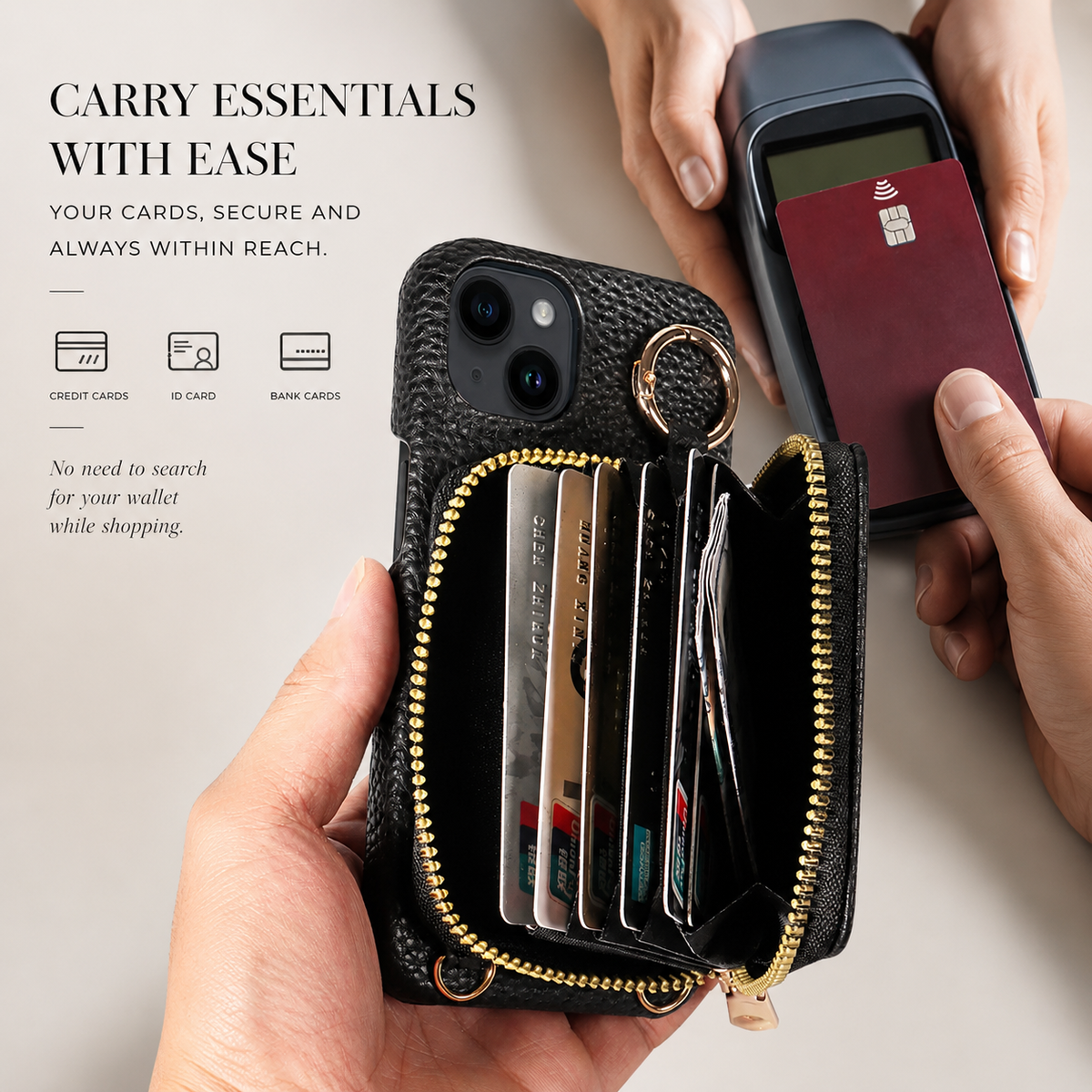 Premium iPhone Case Zipper Wallet Crossbody Cover PU Leather Card Holder Lanyard Full Protection