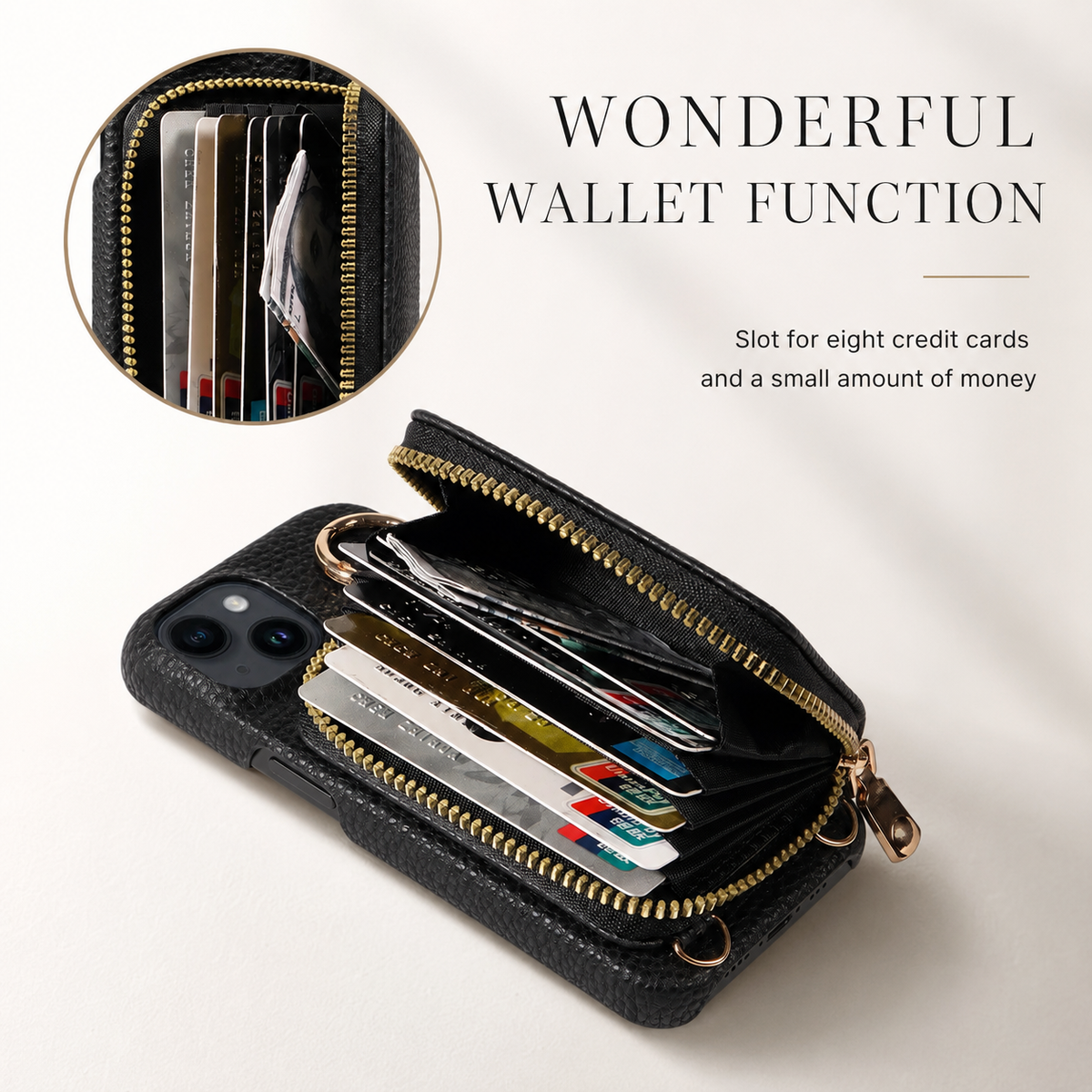 Premium iPhone Case Zipper Wallet Crossbody Cover PU Leather Card Holder Lanyard Full Protection