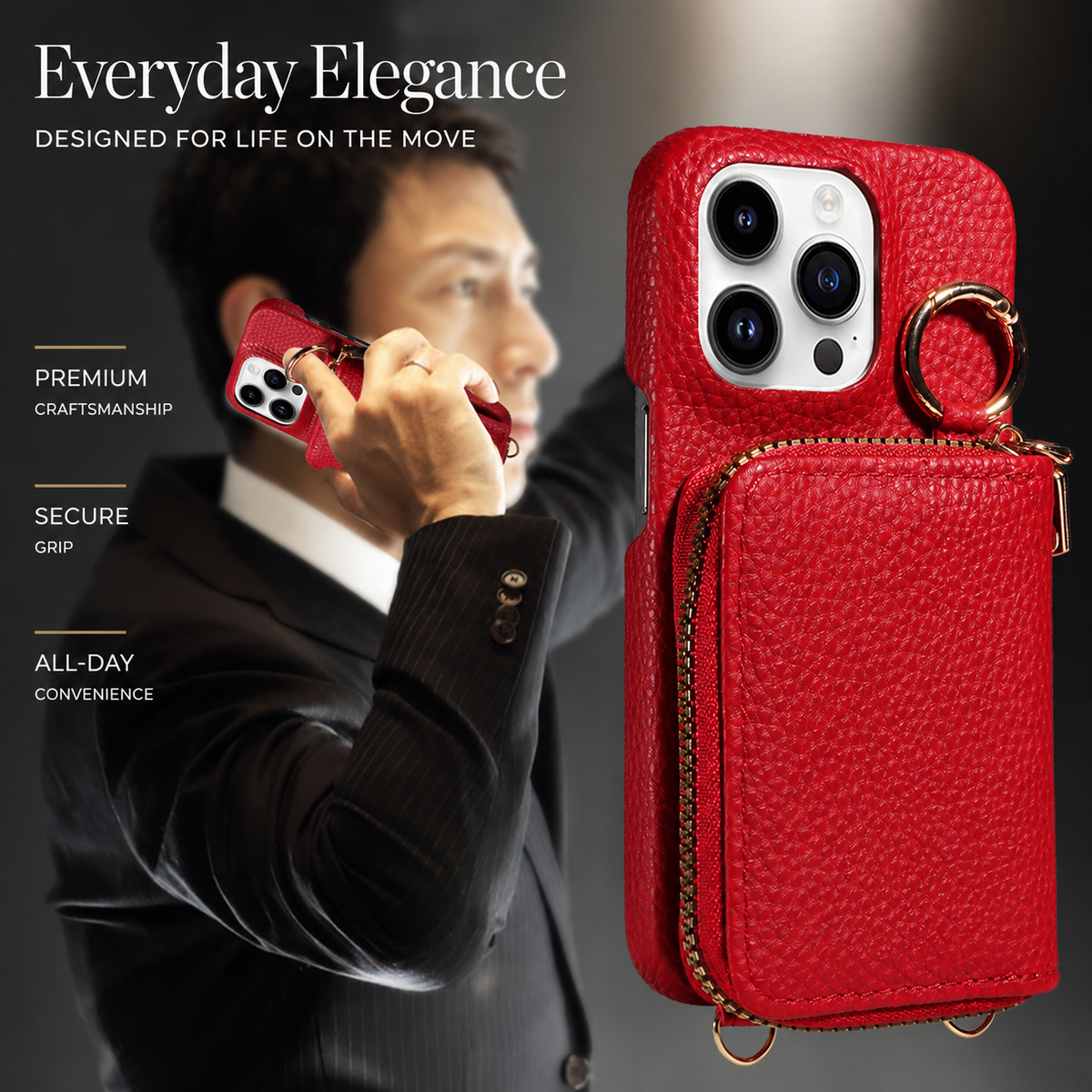 Premium iPhone Case Zipper Wallet Crossbody Cover PU Leather Card Holder Lanyard Full Protection