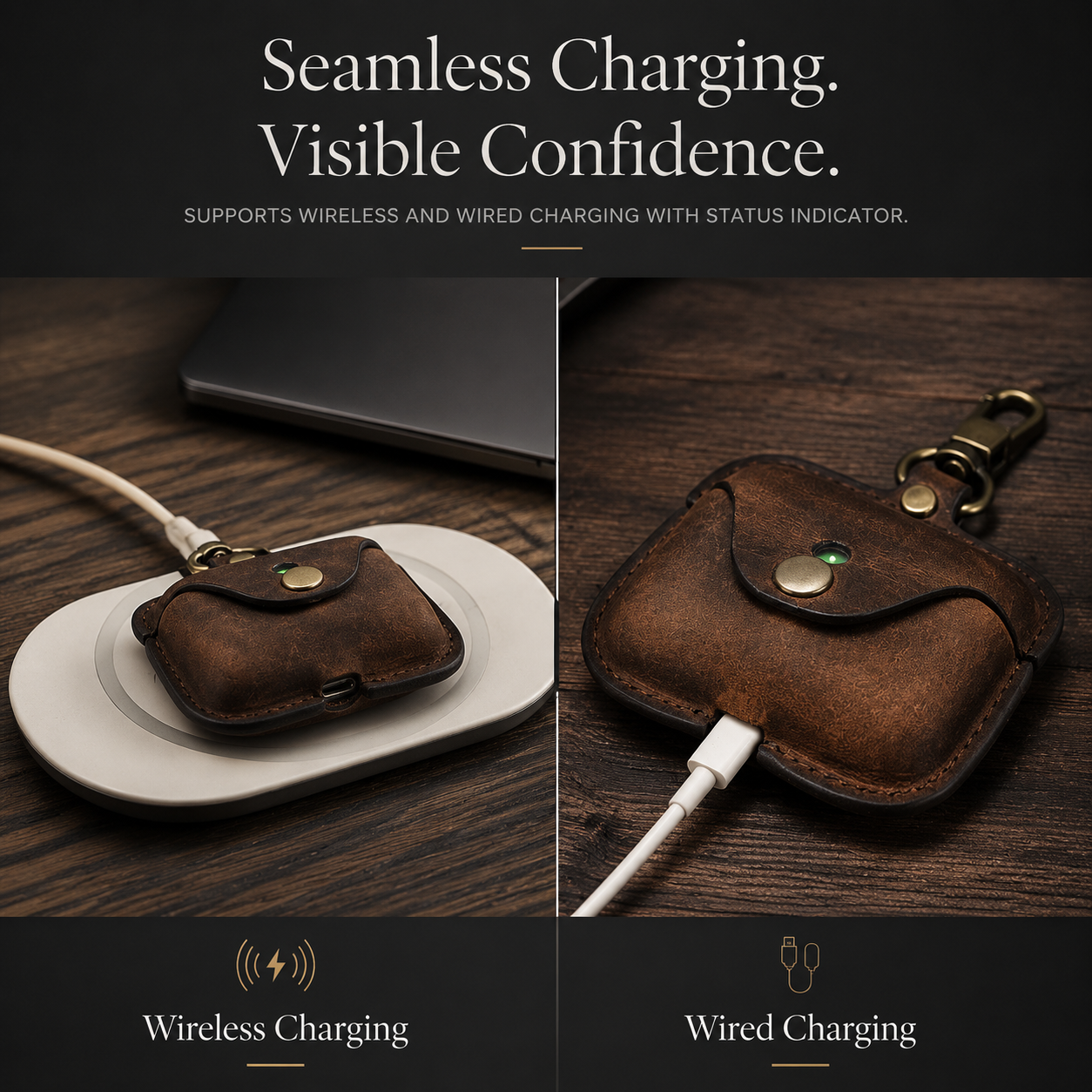 Premium AirPods Case Genuine Leather Protective Cover Shockproof Slim Design Keychain Clip Wireless Charging Compatible