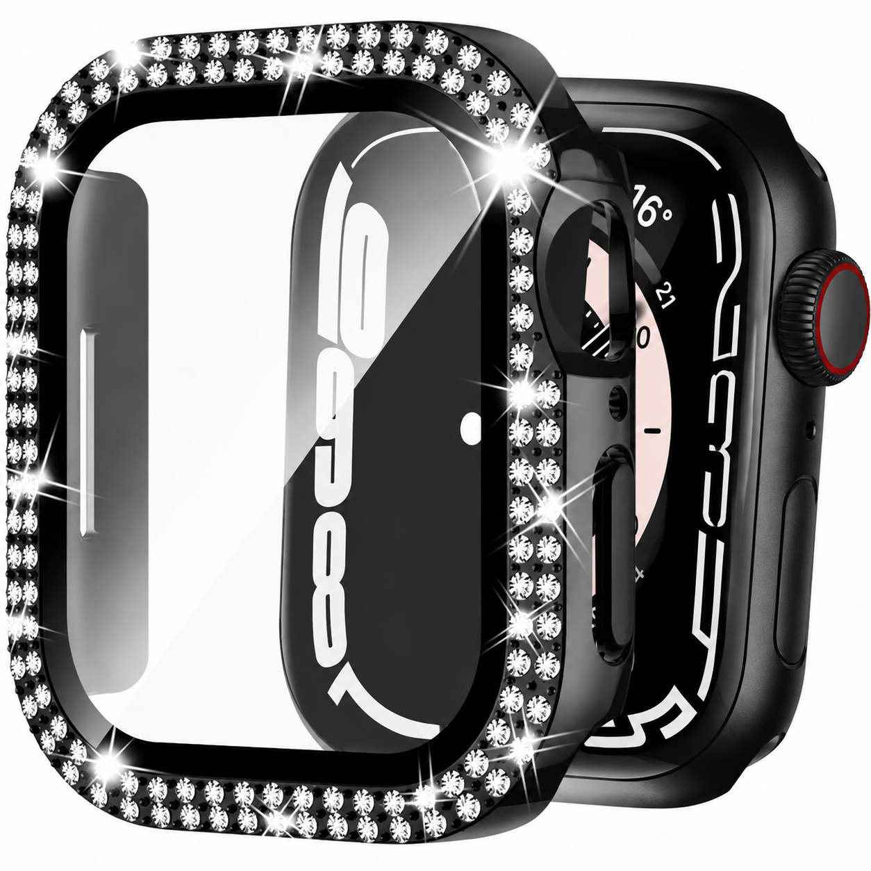 Premium Apple Watch Case Rhinestone Glass Screen Protector Shockproof Protective Cover Luxury Bling Full Coverage Design