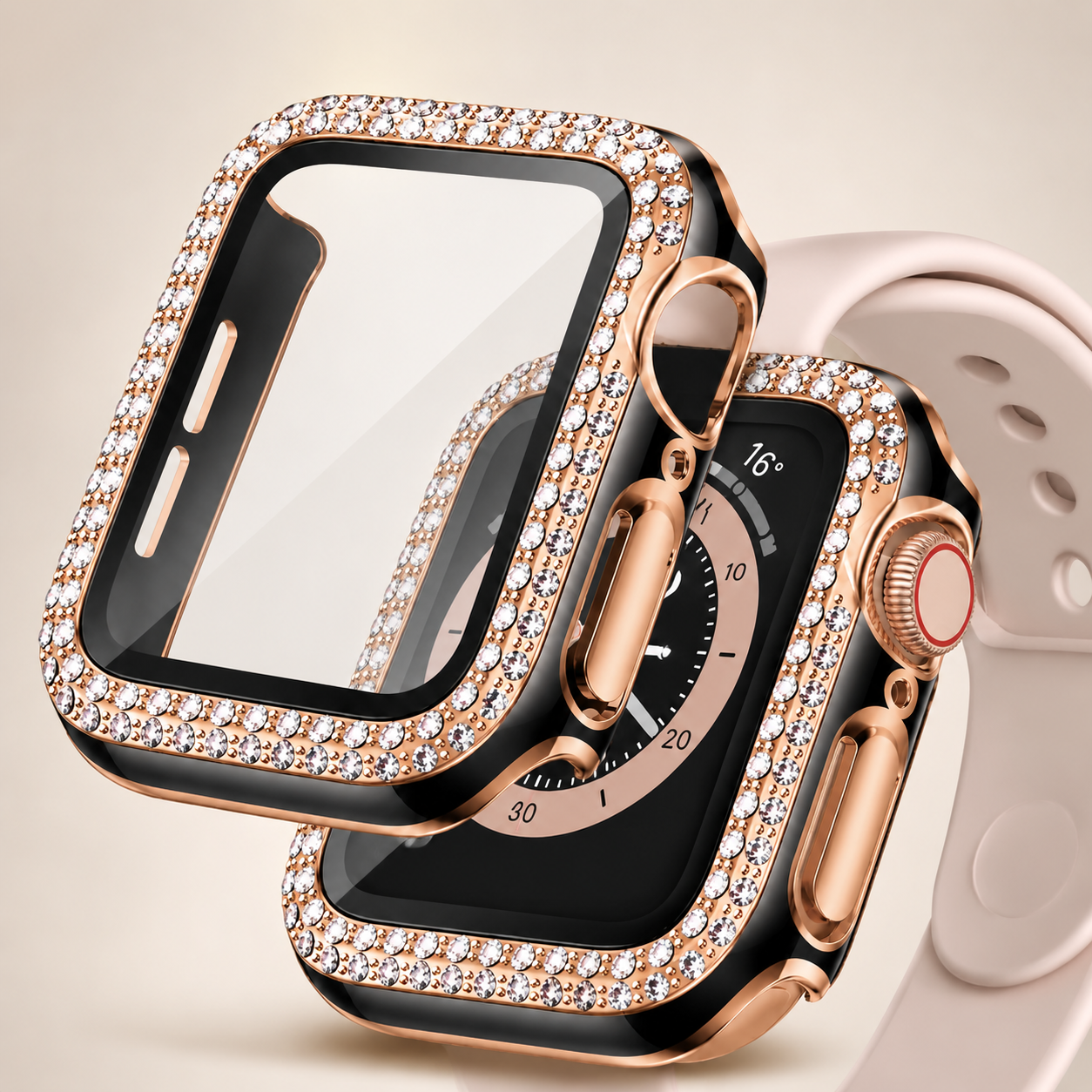 Premium Apple Watch Case Rhinestone Glass Screen Protector Shockproof Protective Cover Luxury Bling Full Coverage Design