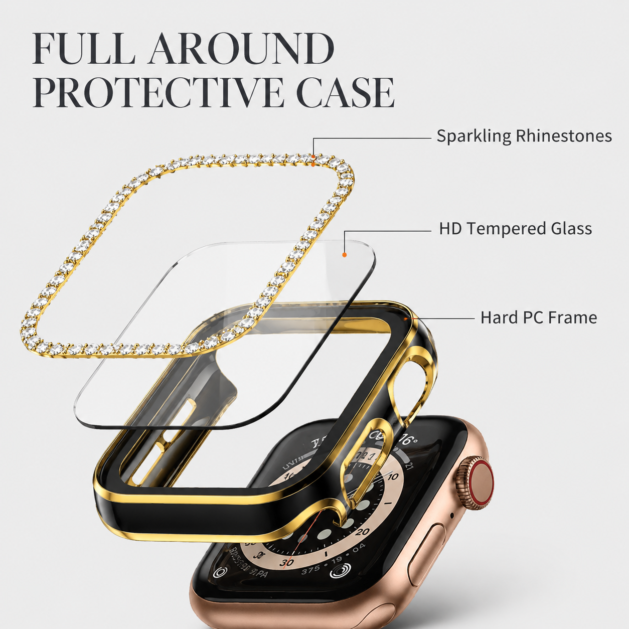 Premium Apple Watch Case Rhinestone Glass Screen Protector Shockproof Protective Cover Luxury Bling Full Coverage Design