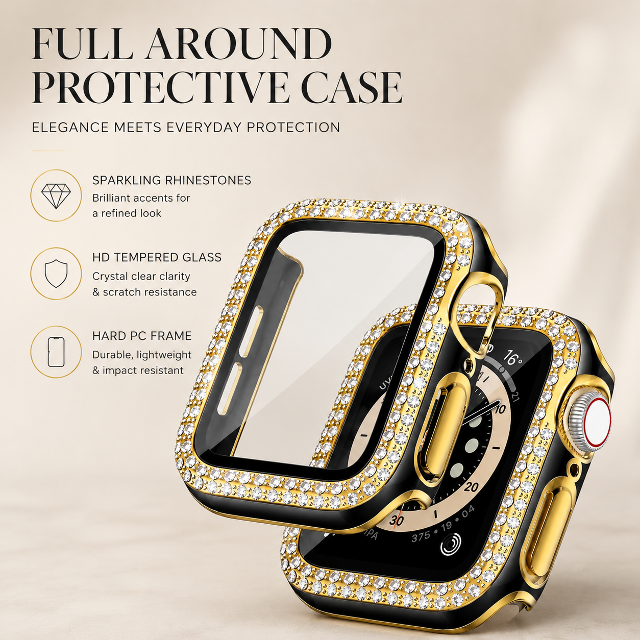 Premium Apple Watch Case Rhinestone Glass Screen Protector Shockproof Protective Cover Luxury Bling Full Coverage Design