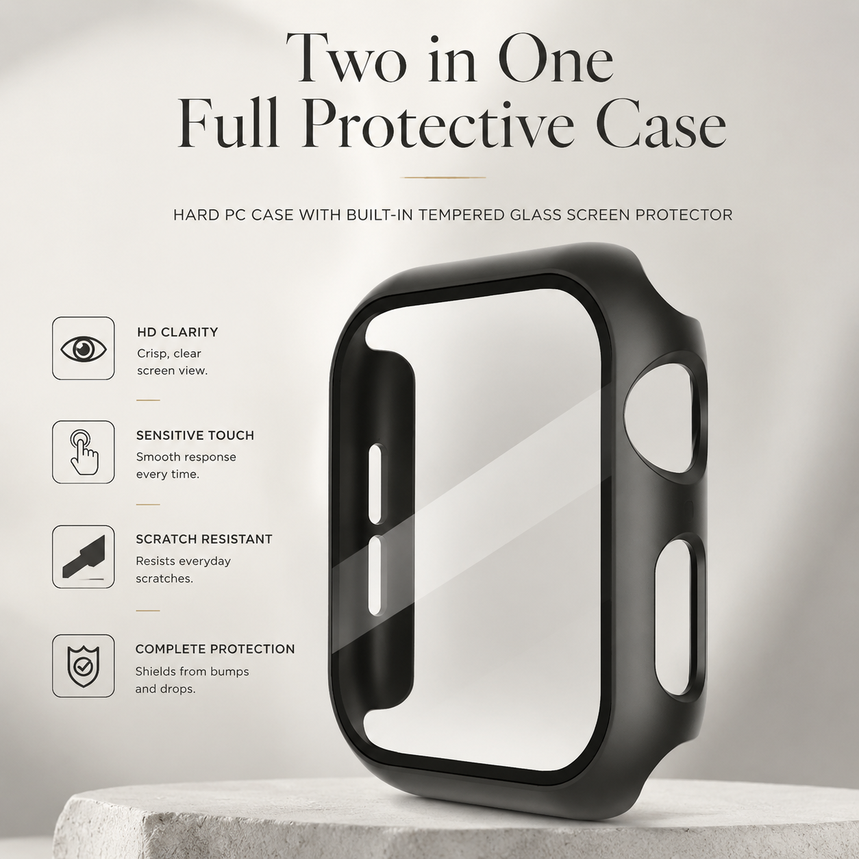 Premium Apple Watch Case Tempered Glass Screen Protector PC Bumper Shockproof Protective Cover Transparent Full Coverage Design