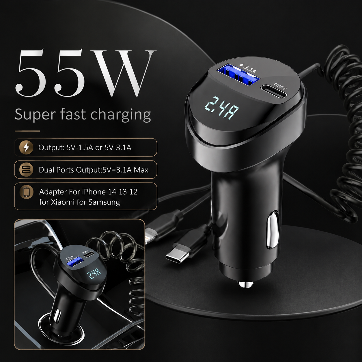 Premium Car Charger USB C Multi Port Fast Charging Adapter 12V Socket Smartphone High Speed Charging Compatible