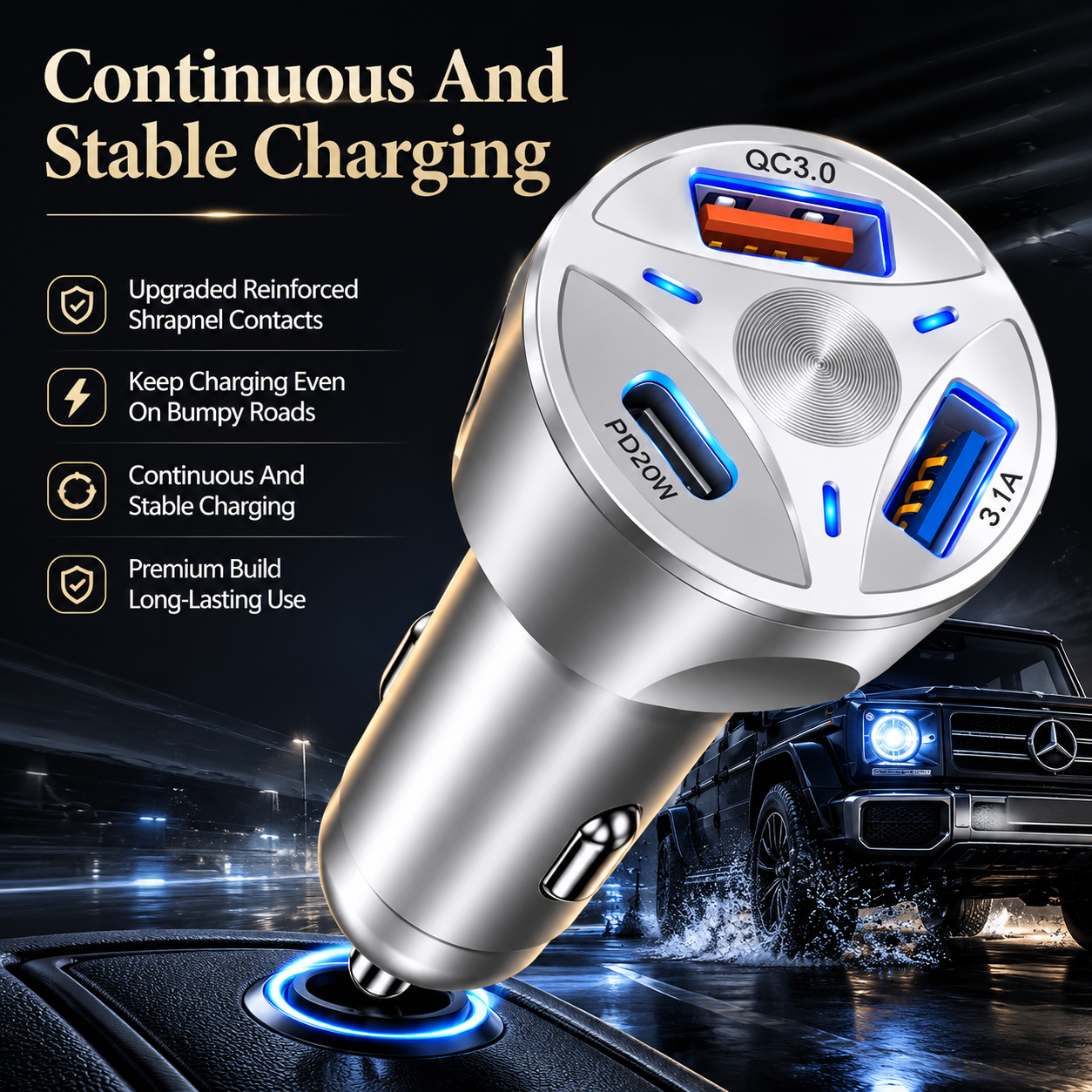 Premium Car Charger USB C Multi Port Fast Charging Adapter 12V Socket Smartphone High Speed Charging Compatible