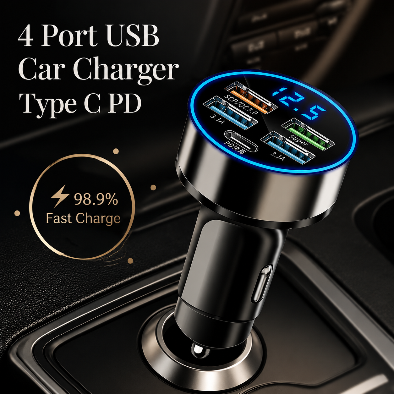 Premium Car Charger USB C Multi Port Fast Charging Adapter 12V Socket Smartphone High Speed Charging Compatible